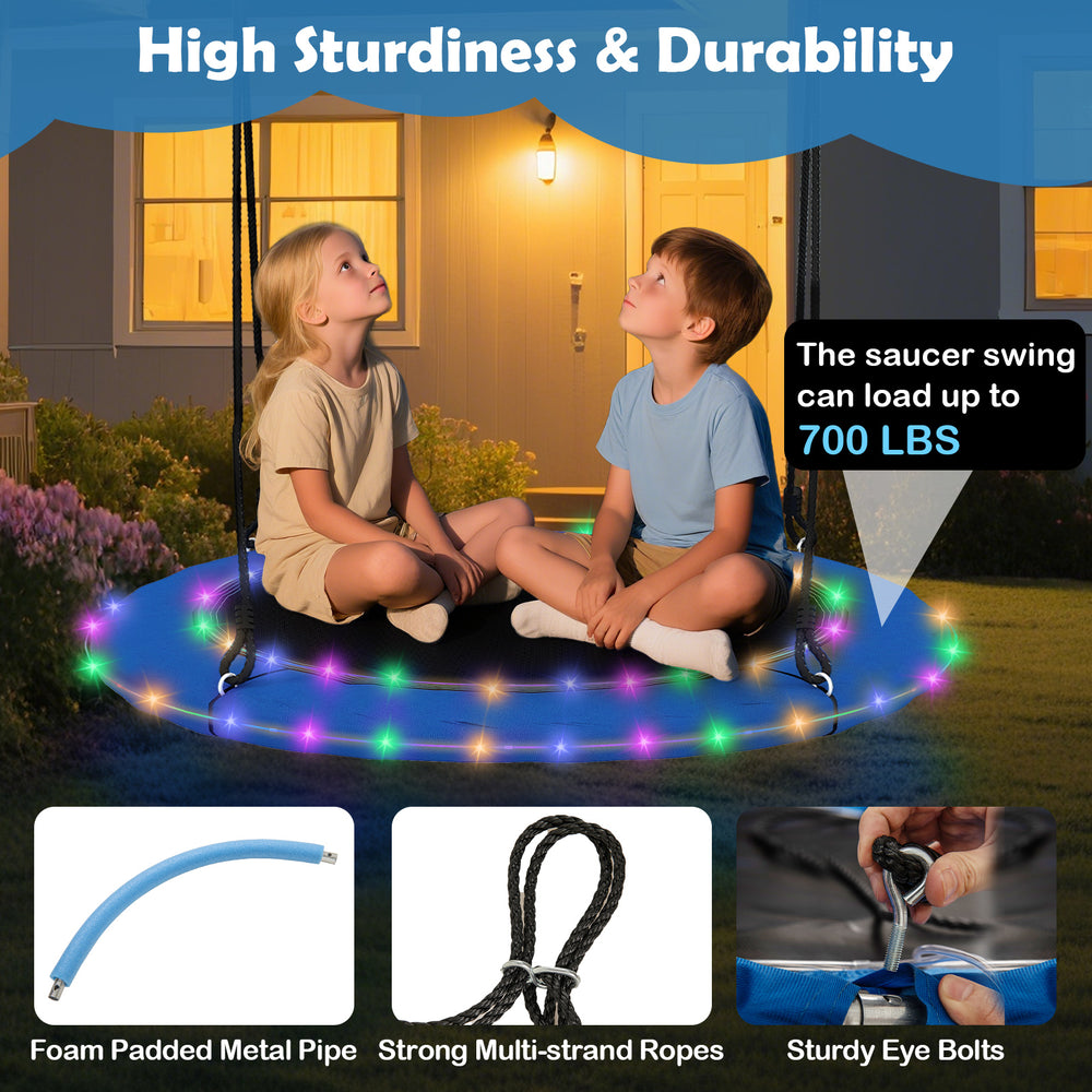40-inch blue saucer swing with colorful lights, supporting up to 660 lbs, ideal for kids and adults' outdoor fun.