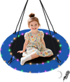 40-inch blue saucer tree swing with colorful lights, supporting up to 660lbs, perfect for kids' outdoor fun.
