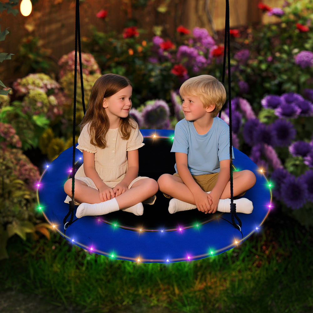 Round 40-inch blue saucer tree swing with colorful lights, supporting up to 660lbs, ideal for kids and adults.