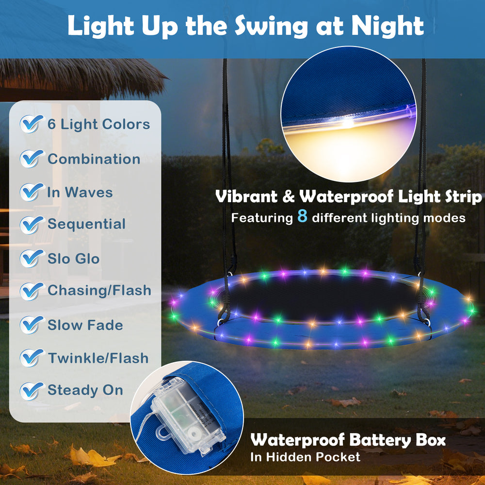 40-inch blue saucer tree swing with colorful LED lights and 8 lighting modes for kids and adults, supports up to 660lbs.