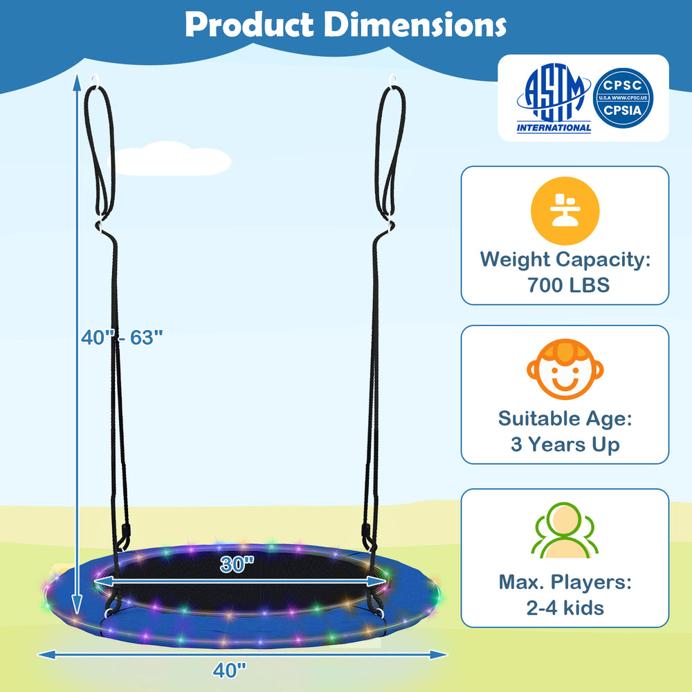 40-inch round saucer tree swing with colorful lights, adjustable ropes, and sturdy construction for kids and adults.