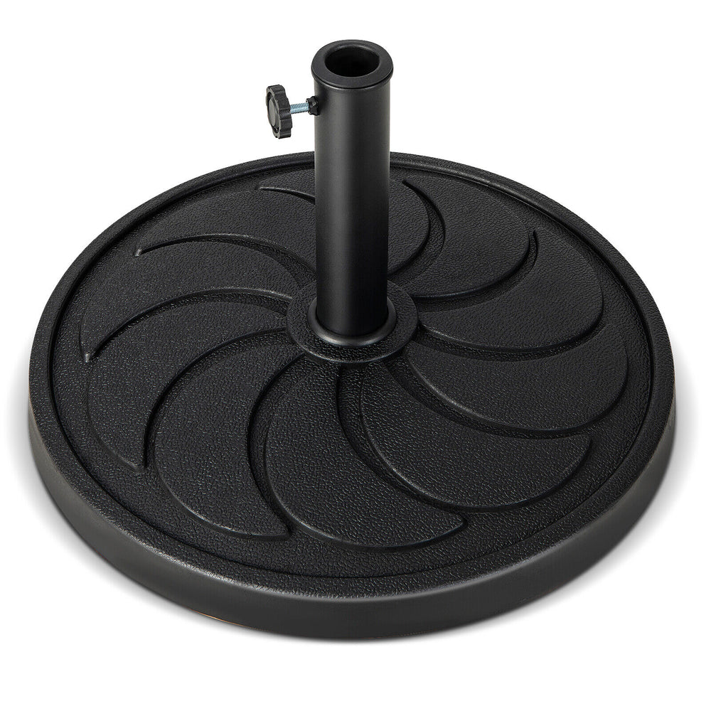 Round 40LBS outdoor umbrella base with a flower pattern, made of durable resin and featuring a rustproof metal pole.