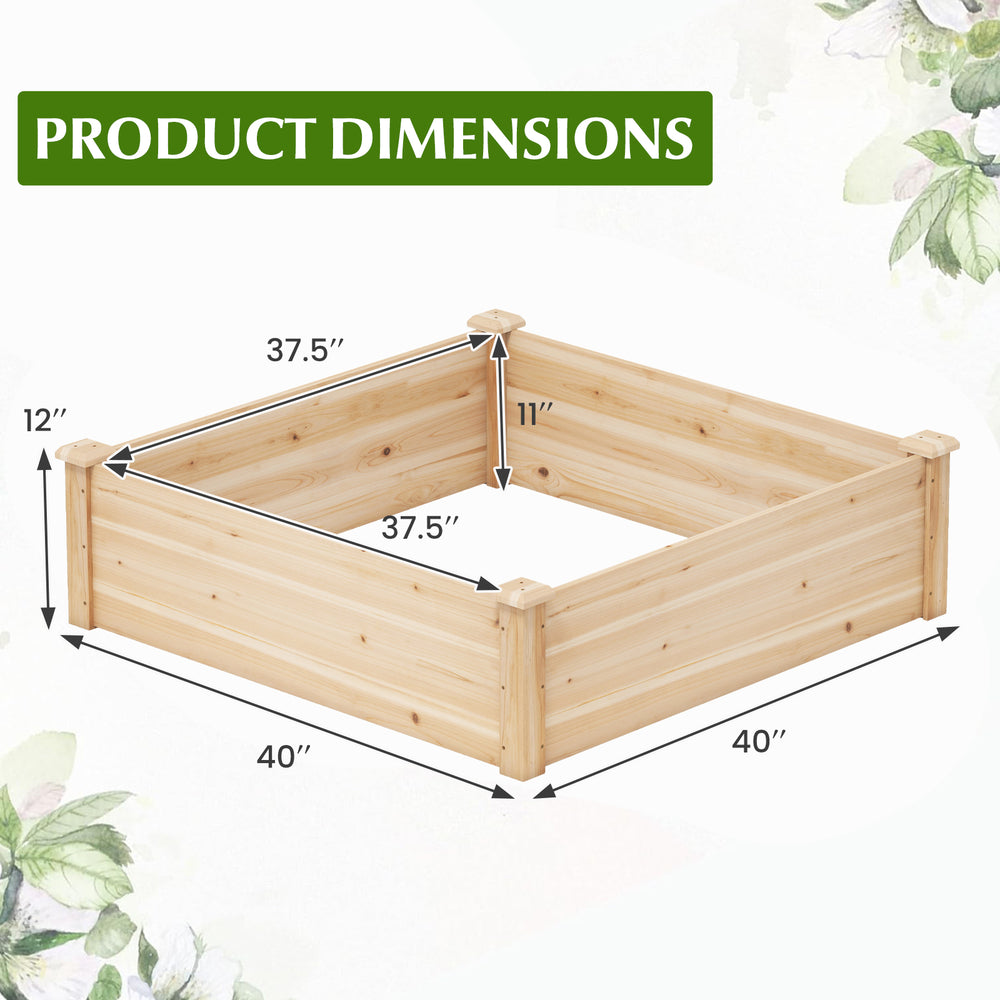 40" x 40" outdoor wood raised garden bed in natural fir, featuring reinforced corners and open-ended base for deep.