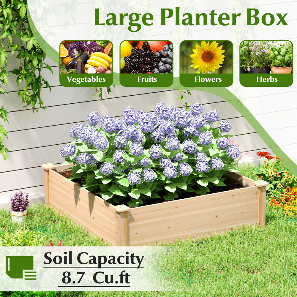 Large outdoor wood raised garden bed with purple flowers, ideal for herbs, vegetables, and fruits in backyard gardens.