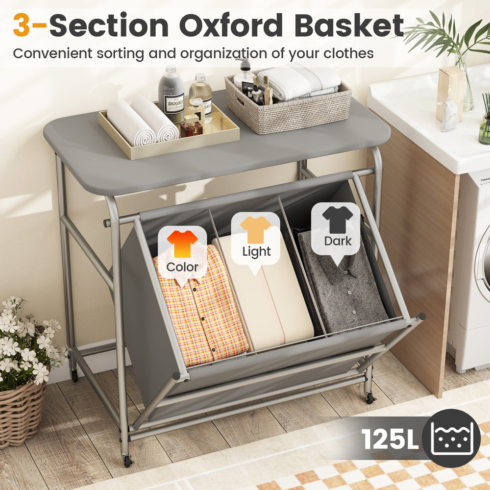 3-section laundry sorter with foldable ironing board, gray, featuring removable cotton cover and lockable wheels for.