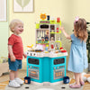 Kids kitchen playset in blue with realistic sound, light, and steam effects, perfect for imaginative play.