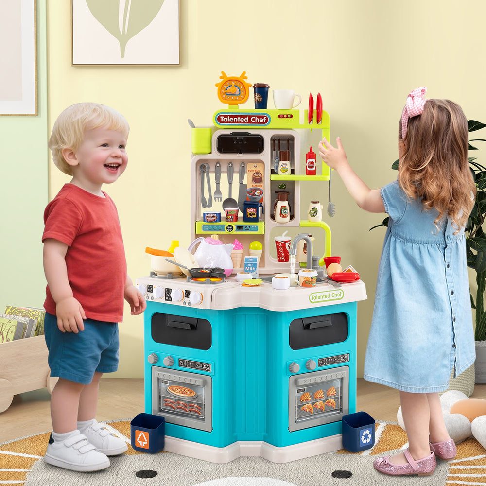 Kids kitchen playset in blue with realistic sound, light, and steam effects, perfect for imaginative play.