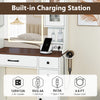 Makeup dressing table with built-in charging station, 2 AC outlets, USB port, and lighted mirror for convenient use.