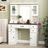 Makeup dressing table with lighted mirror, storage drawers, and power outlets, perfect for bedrooms or studios.
