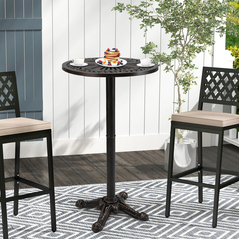 Round 41.5-inch cast aluminum patio bar table in bronze, featuring intricate patterns, ideal for outdoor settings.