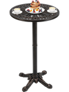 Round cast aluminum patio bar table with intricate patterns, suitable for outdoor use in garden or backyard settings.
