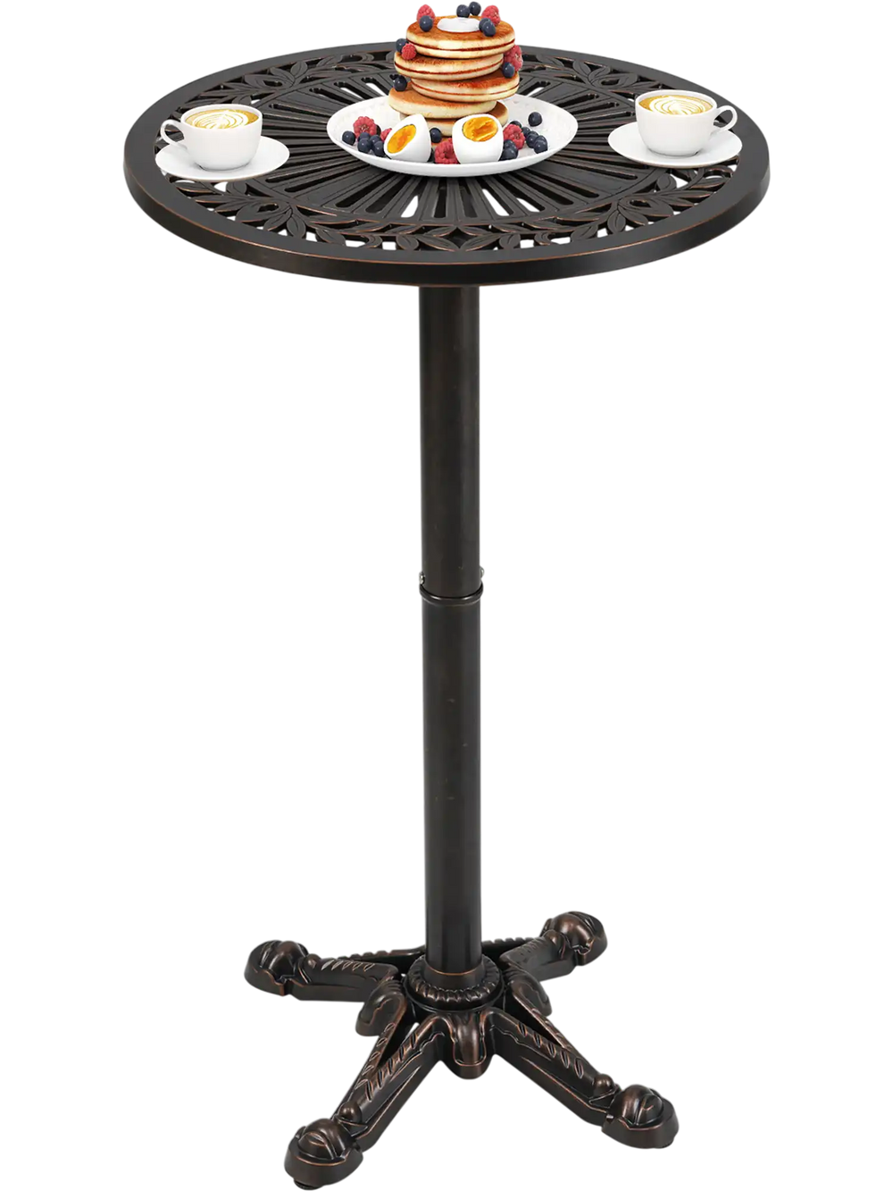Round cast aluminum patio bar table with intricate patterns, suitable for outdoor use in garden or backyard settings.