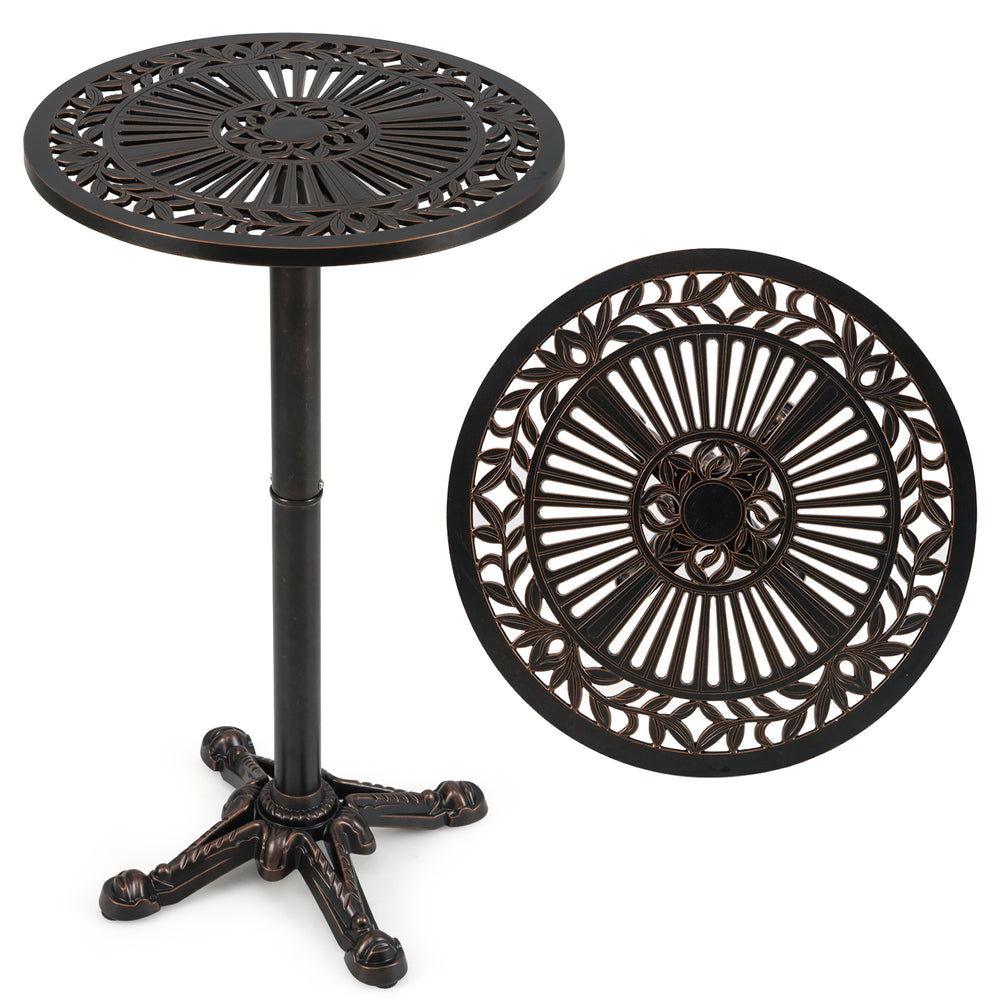Round cast aluminum patio bar table with intricate patterns, adjustable foot pads, suitable for garden and poolside use.