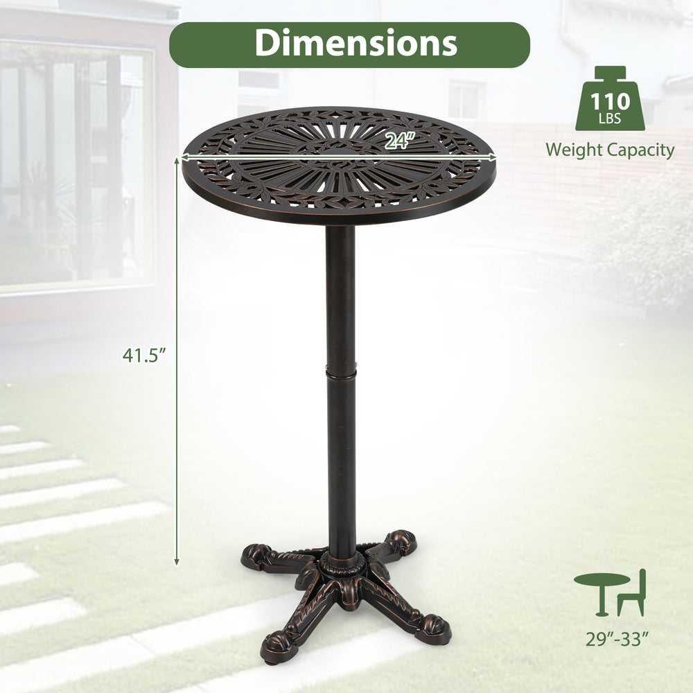 Round cast aluminum patio bar table with intricate patterns, adjustable height, and 110 lbs capacity for outdoor use.