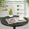 Round cast aluminum patio bar table with intricate patterns, rust-resistant, perfect for garden or poolside use.
