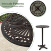 Round 41.5-inch cast aluminum patio bar table in bronze with intricate patterns, ideal for garden and outdoor settings.