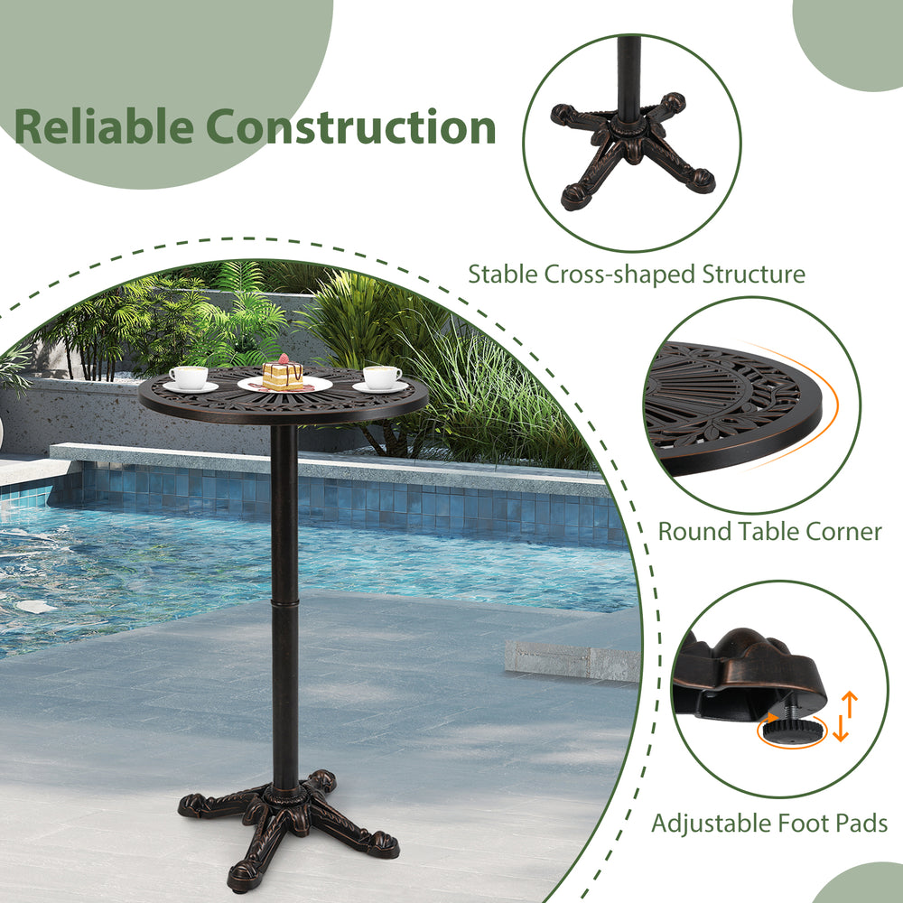 41.5-inch round bar table in bronze, made of rust-resistant cast aluminum, perfect for patio or garden use.