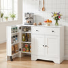 Modern coffee bar cabinet in white with three doors, rolling wheels, and ample storage for kitchen essentials.