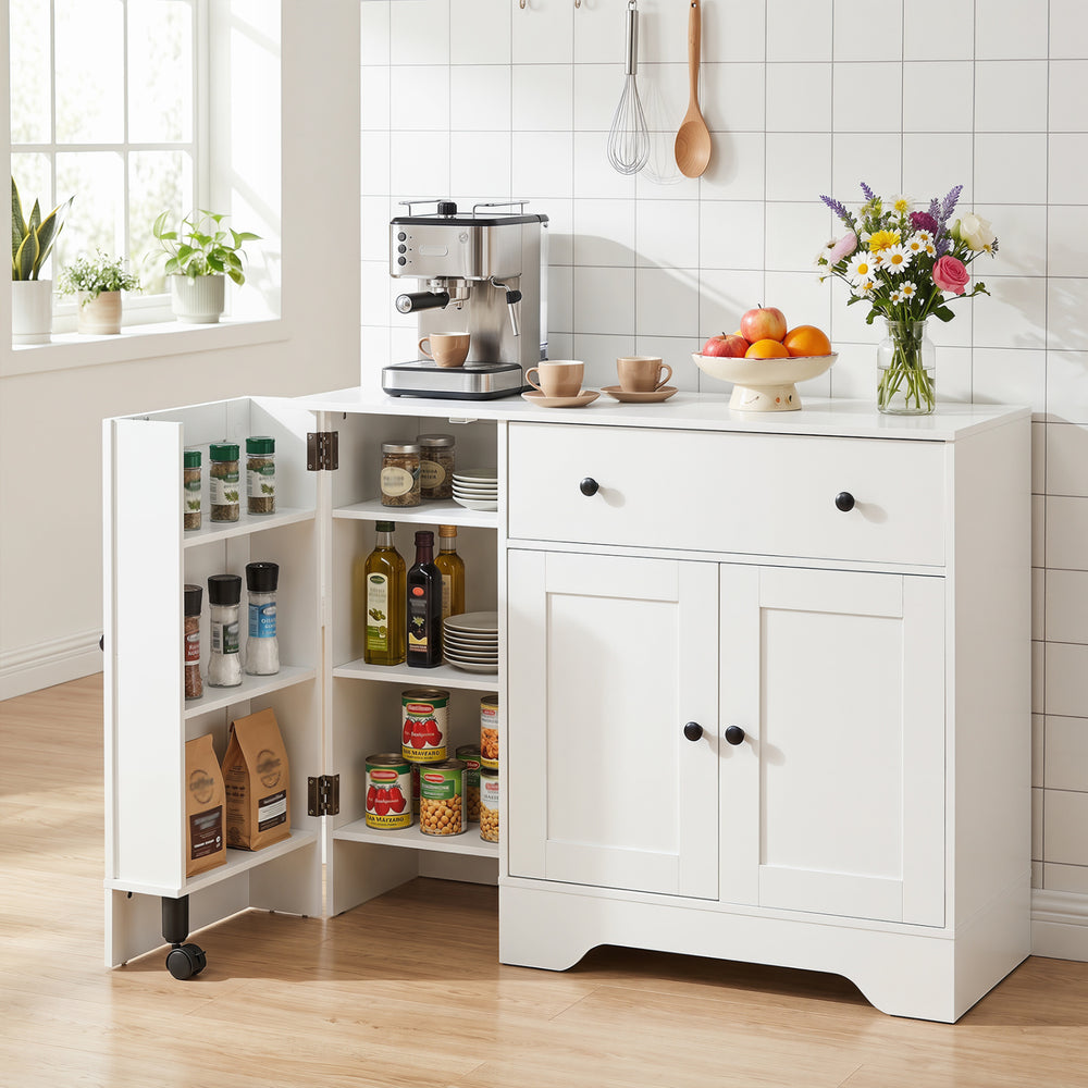 Modern coffee bar cabinet in white with three doors, rolling wheels, and ample storage for kitchen essentials.