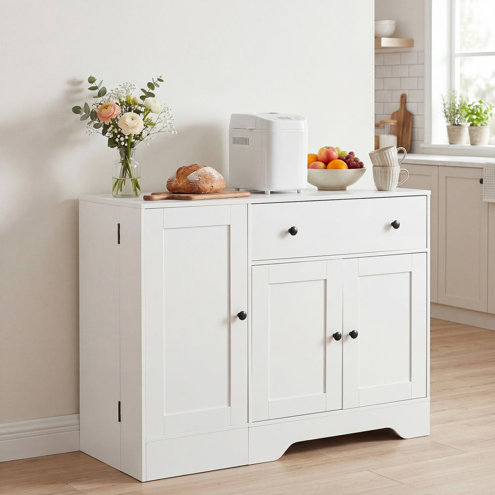 Modern coffee bar cabinet with a wide countertop and large drawer, ideal for serving and displaying items in any room.