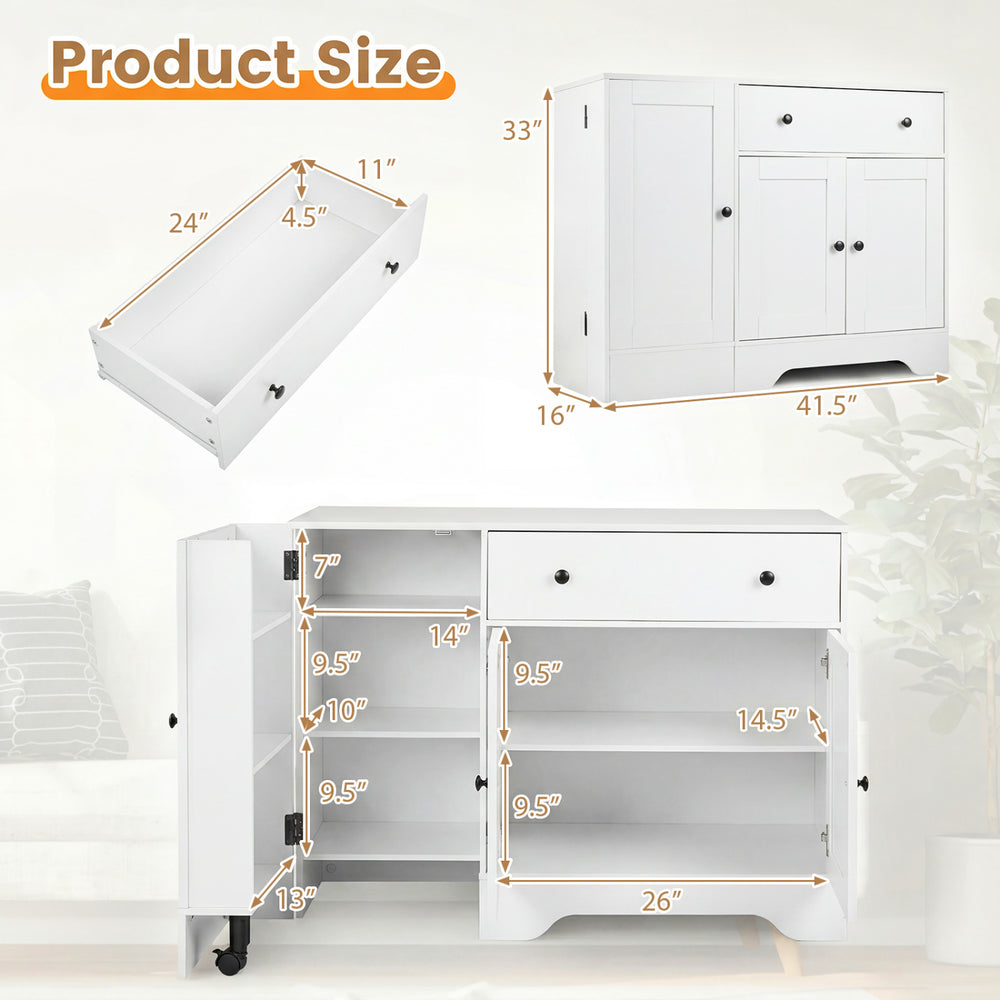 Modern coffee bar cabinet with rolling wheels, featuring a wide countertop, large drawer, and three-door storage.