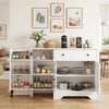 Modern coffee bar cabinet with three doors, rolling wheels, and ample storage, perfect for kitchen or dining room use.
