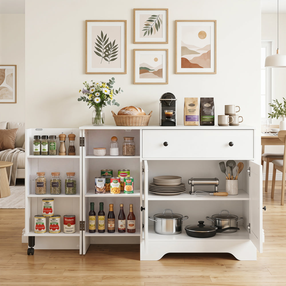Modern coffee bar cabinet with three doors, rolling wheels, and ample storage, perfect for kitchen or dining room use.