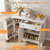 Modern coffee bar cabinet with a spacious countertop, large drawer, and three-door shelves for versatile storage options.