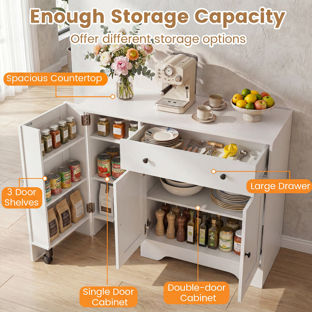Modern coffee bar cabinet with a spacious countertop, large drawer, and three-door shelves for versatile storage options.