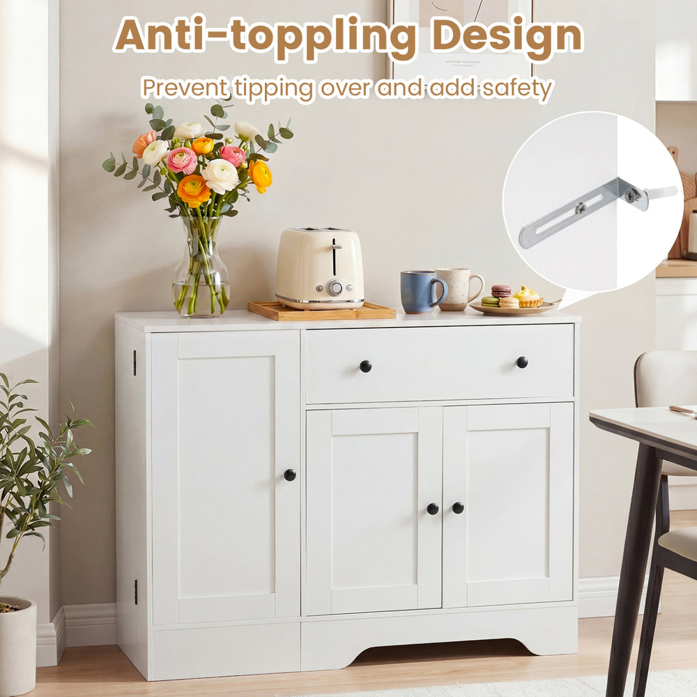 Modern white coffee bar cabinet with three doors, large drawer, and anti-tipping design for added safety and stability.