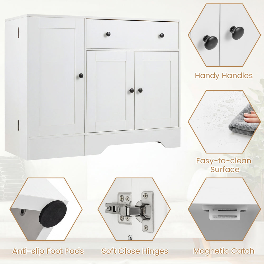 Modern white coffee bar cabinet with three doors, large drawer, and rolling wheels for versatile storage and easy access.