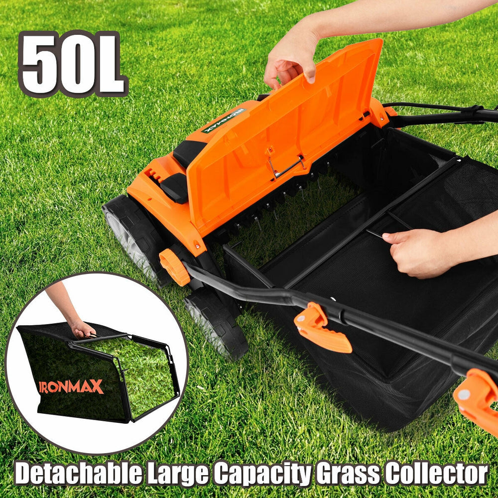 Detachable 50L grass collector for the 15 Inch 13 Amp Electric Scarifier, featuring an orange design and easy-access.