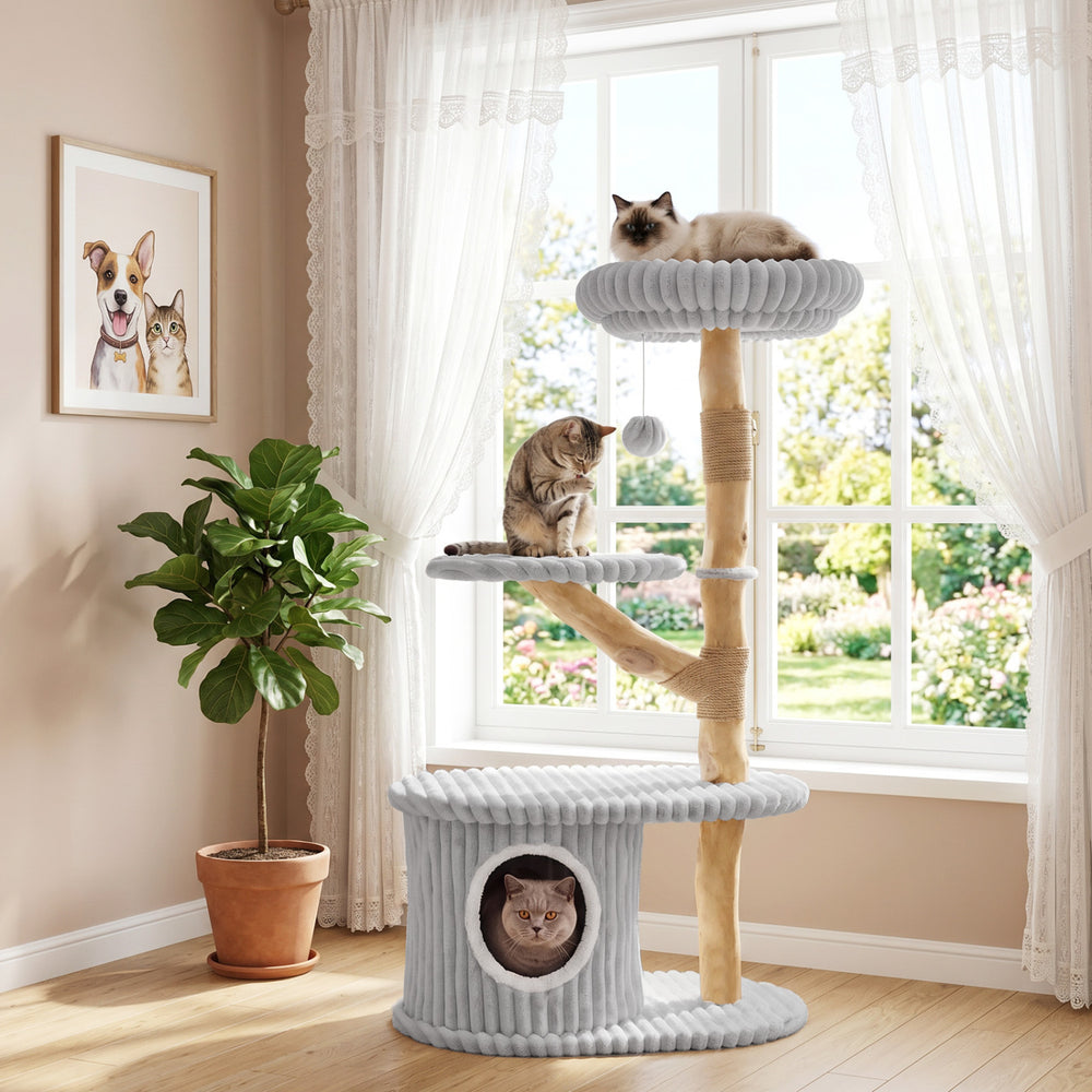 41 Inch Tall Modern Cat Tower with Real Wood Branches, Scratching Posts for Indoor-Gray - Gallery View 1 of 10