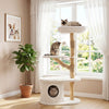 Modern cat tower with a cozy cat condo and multi-level design, featuring real wood branches for indoor climbing and lounging.