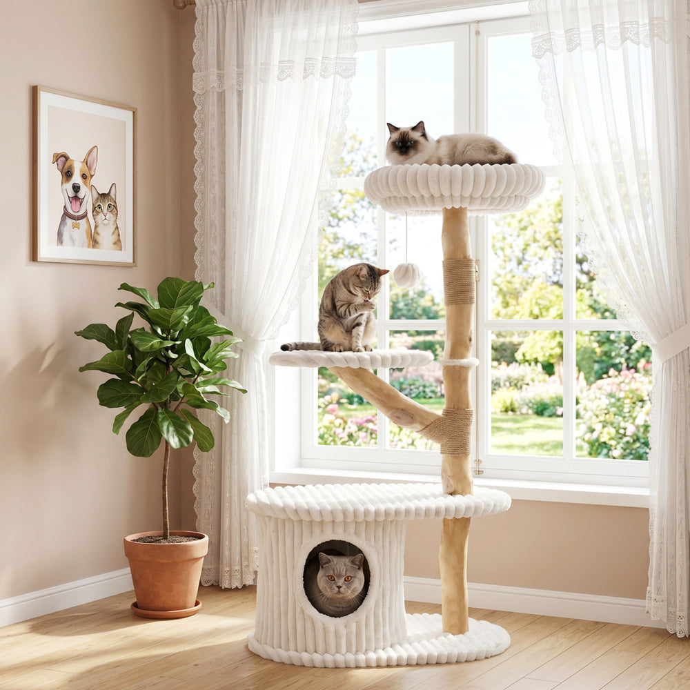 41 Inch Tall Modern Cat Tower with Real Wood Branches, Scratching Posts for Indoor-Beige - Gallery View 1 of 10