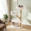 Multi-level modern cat tower with real wood branches, beige color, featuring a cozy condo and plush top perch for indoor cats.