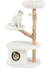 Multi-level beige cat tower with real wood branches, scratching posts, and a cozy condo for indoor cat play and relaxation.