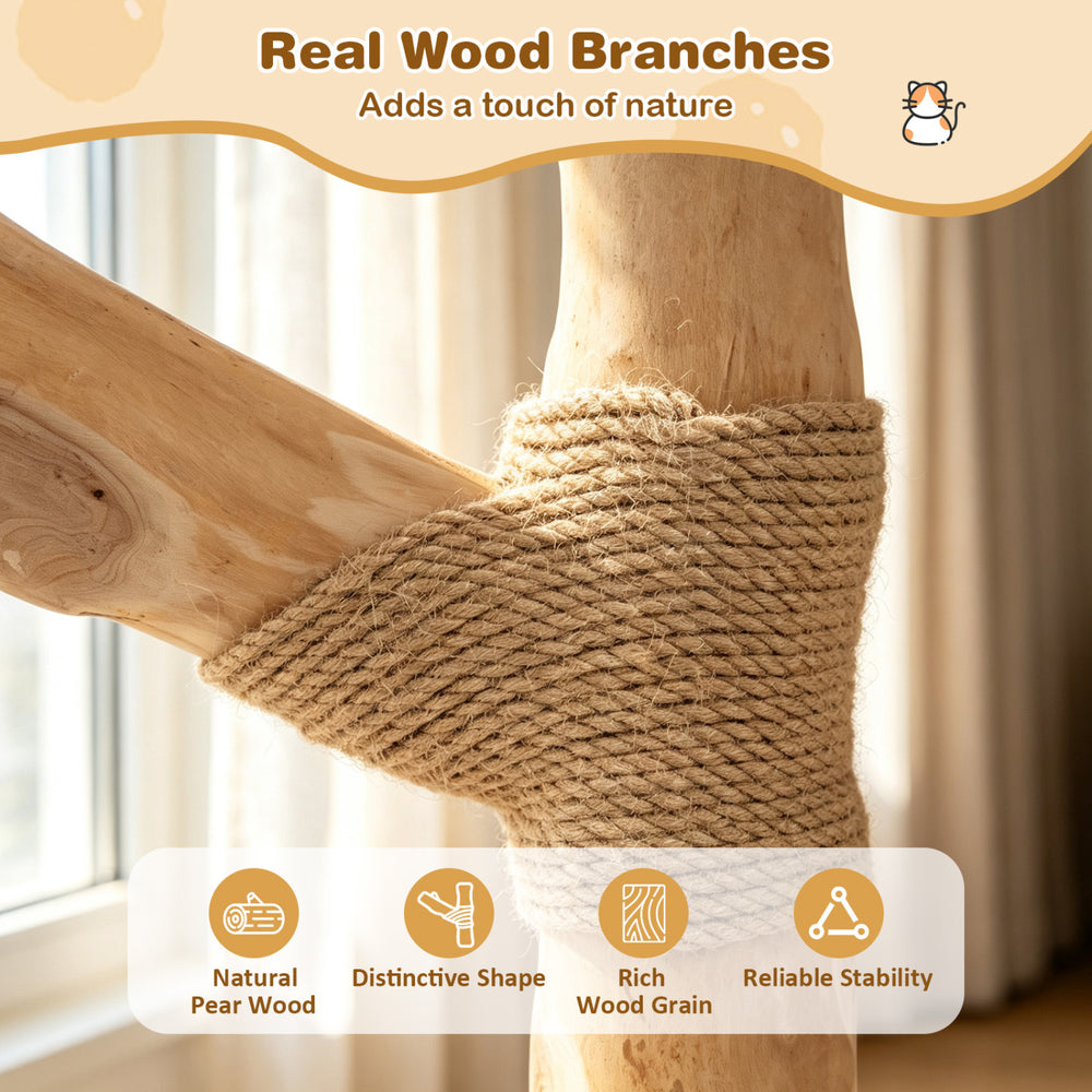 Close-up of the real pear wood branch on the 41-inch tall modern cat tower with rich wood grain and reliable stability.