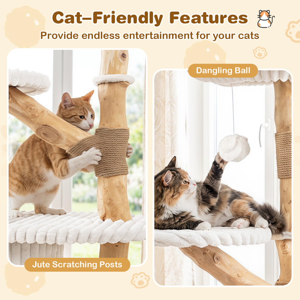 Multi-level 41-inch cat tower with real wood branches, jute scratching posts, and a dangling ball for indoor play.