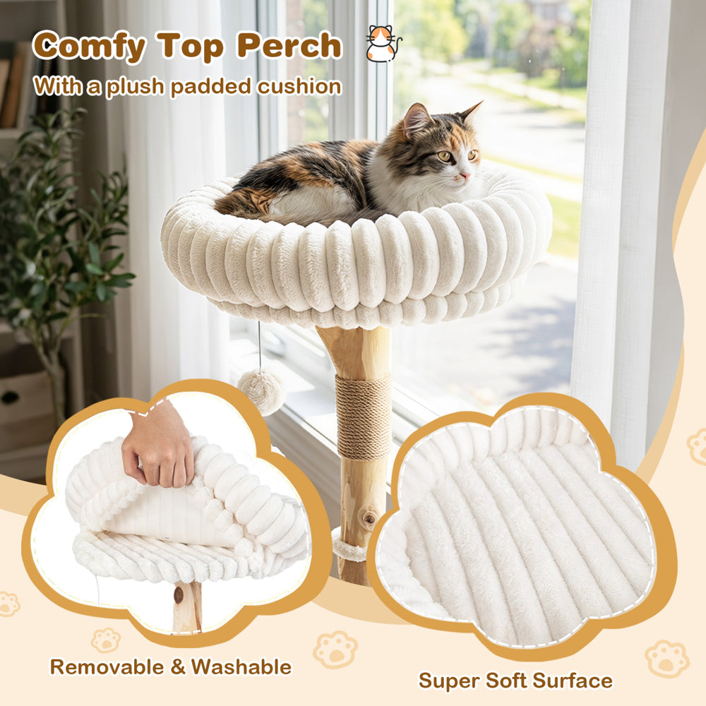 Comfy top perch with a plush padded cushion on a modern cat tower made of real wood, perfect for indoor lounging.