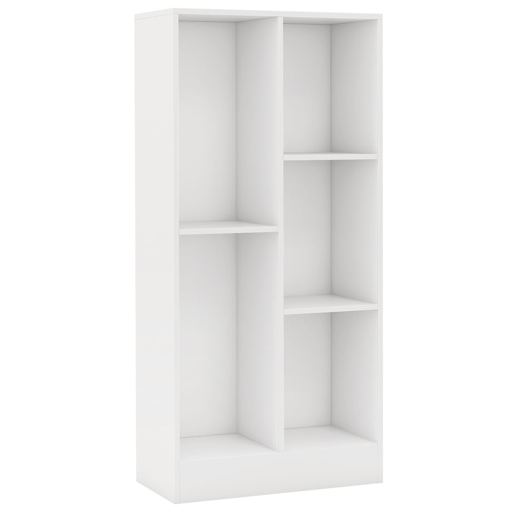 White 5-cube floor bookcase with anti-tipping kits, featuring various storage sizes for books and decorations.
