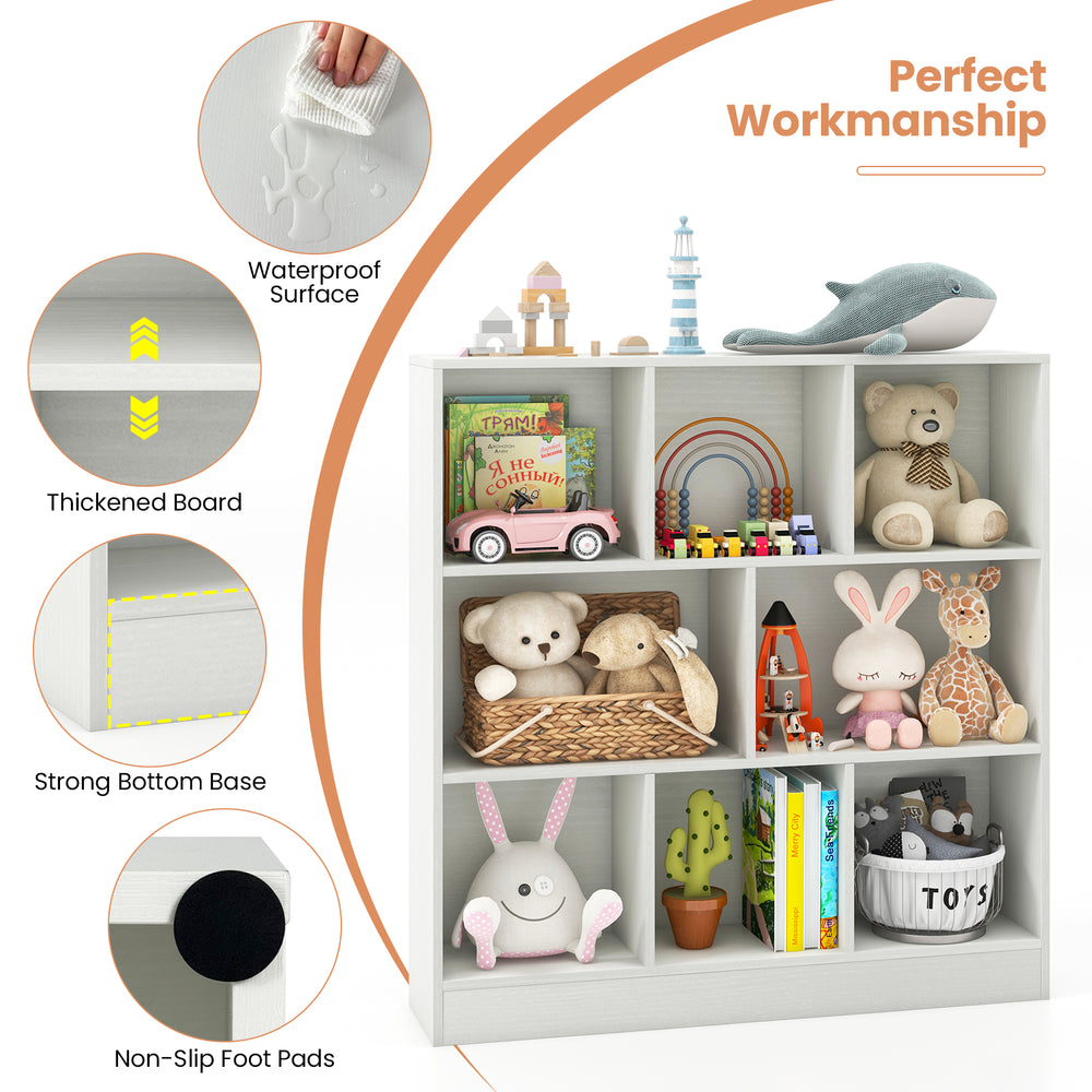 Freestanding 41-inch white bookcase with 8 open cubes, waterproof surface, and non-slip foot pads for kids' rooms.