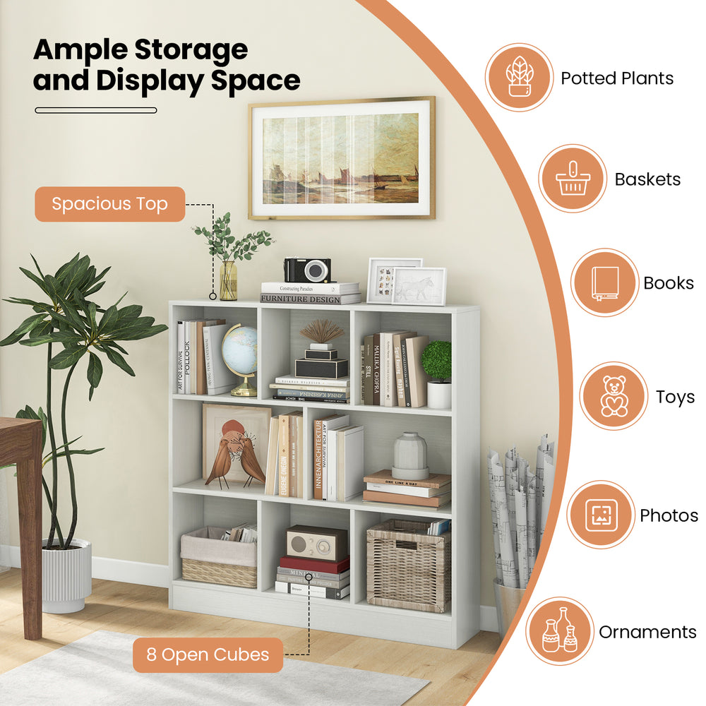 41-inch white 8-cube freestanding bookcase with spacious top for toys, books, and potted plants, ideal for kids' rooms.