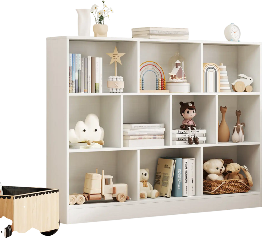 41-inch white wooden toy storage organizer showcasing 10 open cubes, perfect for easy access to books and toys in.