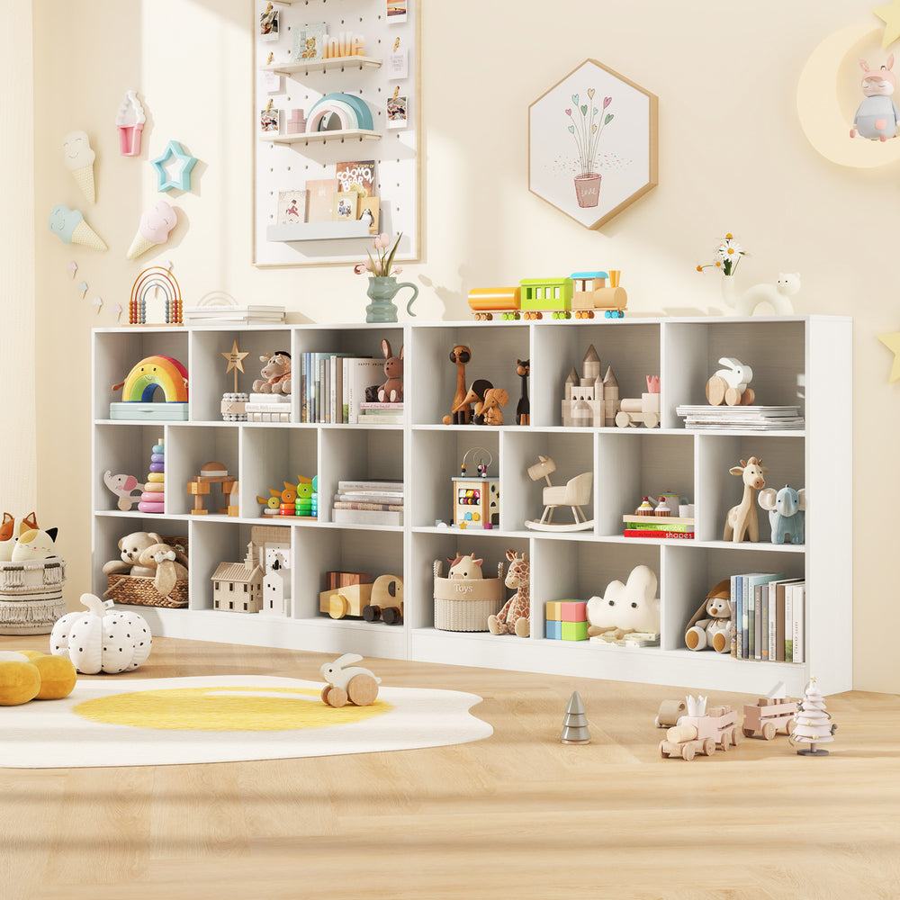 Wooden toy storage organizer with 10 open cubes in white, perfect for kids' rooms and classrooms, offering ample.