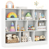 Wooden toy storage organizer with 10 open cubes in white, ideal for classrooms and nurseries, promoting organization.