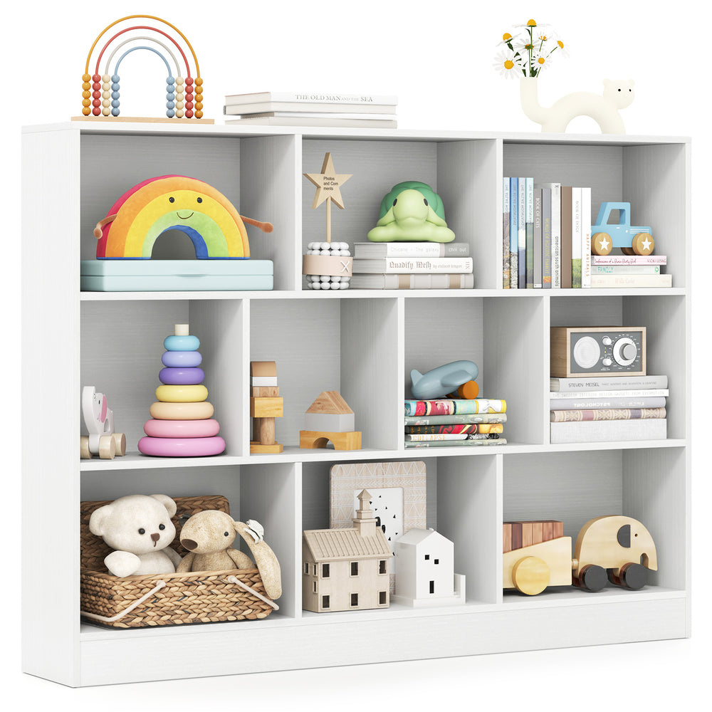 Wooden toy storage organizer with 10 open cubes in white, ideal for classrooms and nurseries, promoting organization.