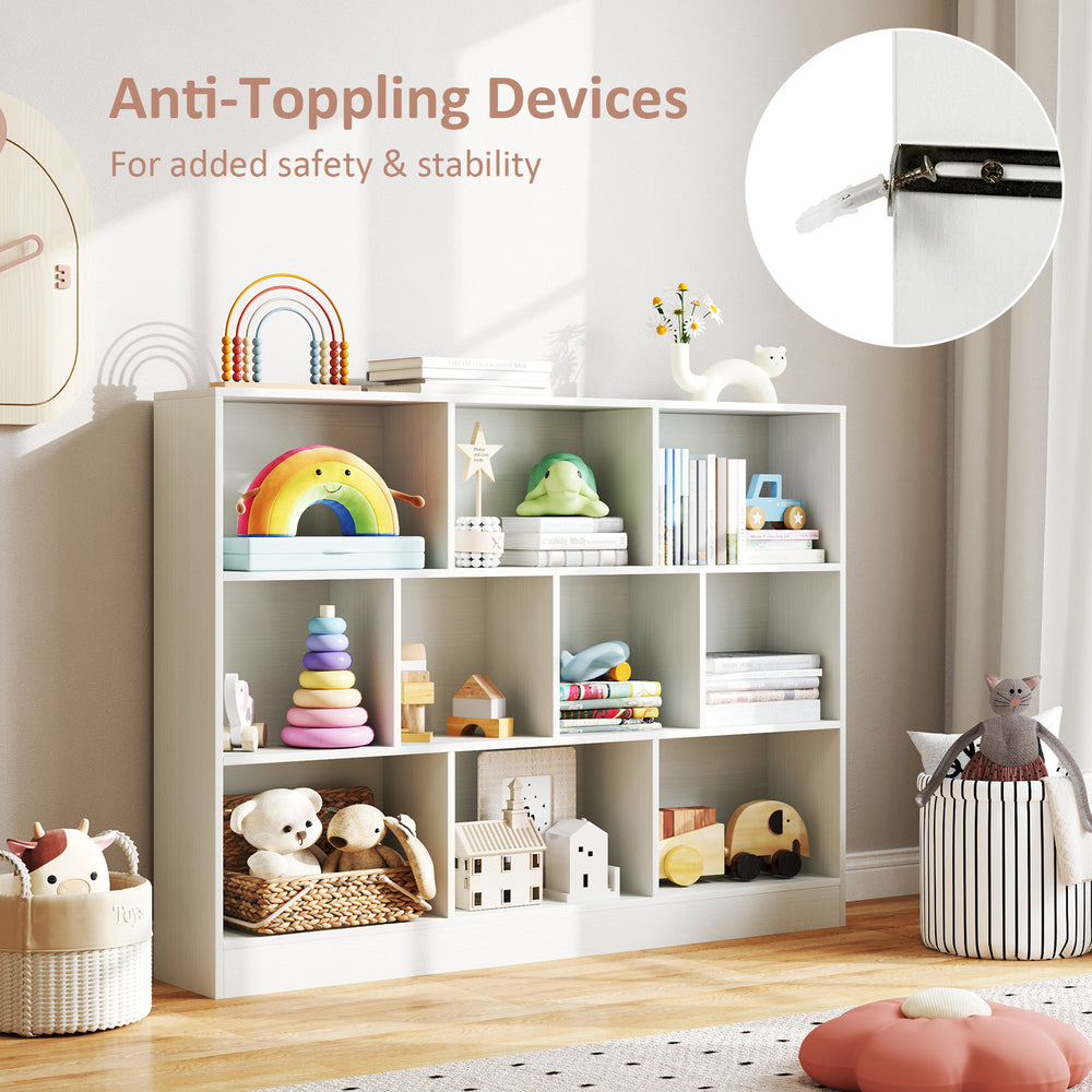 41-inch white wooden toy storage organizer with 10 open cubes, ideal for classrooms and nurseries, featuring.