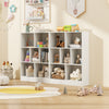 7-section freestanding bookshelf in white, ideal for kids' rooms, featuring open cubes for toys and books storage.