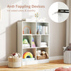 7-section freestanding bookshelf in white with anti-toppling devices, ideal for kids' room or daycare storage and.